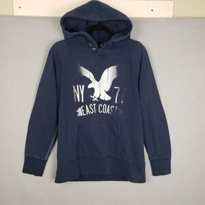 American Eagle Womens M Logo Front Hoodie Sweatshirt Navy Blue 3-Button Y2K Prep